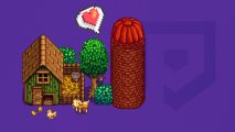 A Stardew Valley silo next to a chicken coop, surrounded by farm animals