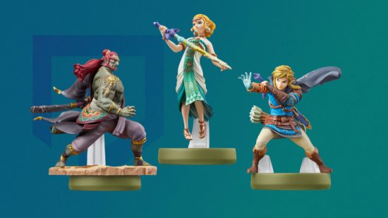 Tears of the Kingdom amiibo: Zelda, Link, and Ganondorf amiibo on a green background