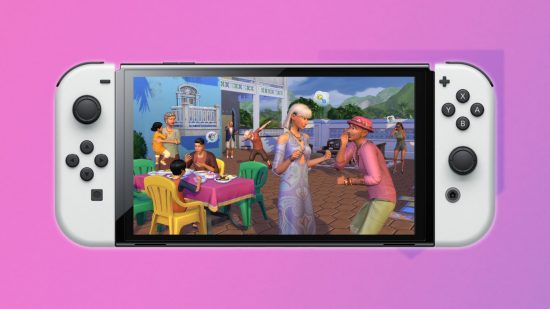 The Sims Switch: key art of Sims 4 For Rent imposed onto an OLED switch