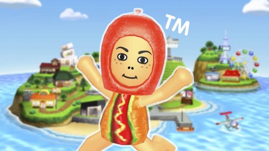 Tomodachi Life trademark - a character in a hot dog suit in front of a tropical island