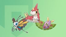 Three Wurmple evolutions including a red worm, a butterfly, and a moth shape Pokemon