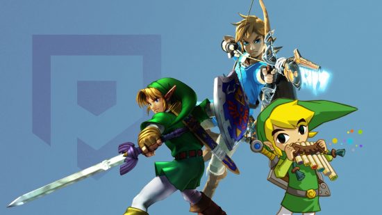 Zelda games in order - three iconic Links holding weapons and instruments