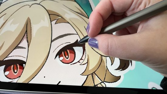 Adonit Note+ 2 review - a close-up of a hand holding a stylus and drawing Genshin Impact's Kaveh