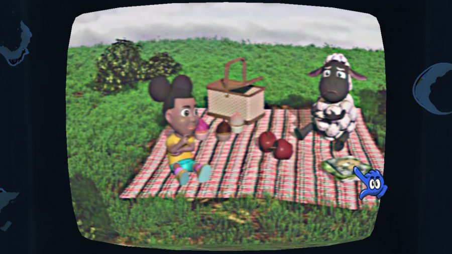 A screenshot of Amanda the adventurer showing Wooly and Amanda having a picnic