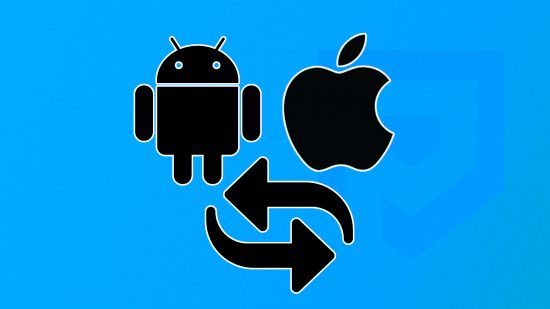 Custom image for how to transfer Android to iPhone guide with the icons for each brand and a transfer symbol