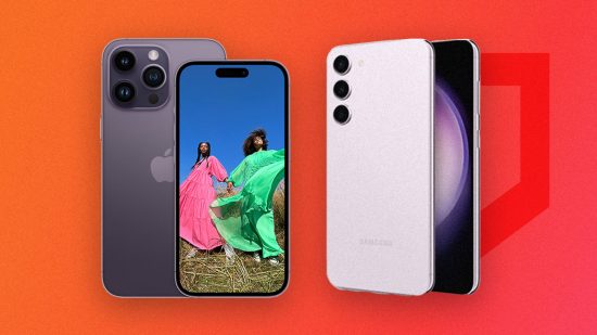 iPhone vs Android header showing two phones on a red background -- on the left is an iPhone 14 Pro with its screen facing us and two women in colourful gowns dancing in landscape on the screen, while behind the phone is another iPhone 14 Pro but the bigger one, the Max, with its back showing, a dark purple glass, Apple logo in the middle, and three camera lenses in the top right corner. On the right is a similar setup but reversed with the Samsung S23. In front is the back of the phone in lavender, with three cameras in a vertical line in the top left corner, while behind the phone is an S23 with the screen facing us, mostly covered by the other phone, with just a sliver of a black and purple background showing on the screen.