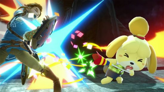 Animal Crossing Isabelle: isabelle uses a party popper to attack Link
