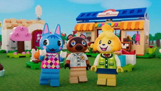 Animal Crossing Isabelle: Lego versions of several Animal Crossing characters are stood in the village square