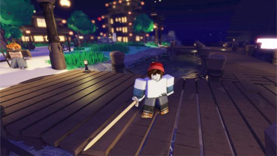 Anime Dungeons codes - an avatar stood on the dock with a long sword