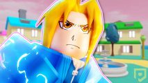 Anime Fighters Simulator codes - a blond Roblox character scowling in front of an AFS background with a pink sky