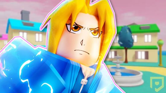 Anime Fighters Simulator codes - a blond Roblox character scowling in front of an AFS background with a pink sky