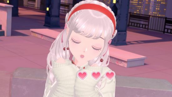 Barbie games: A screenshot from Fashion Dreamer of a girl with white-pink braids posing with three hearts in frontof her