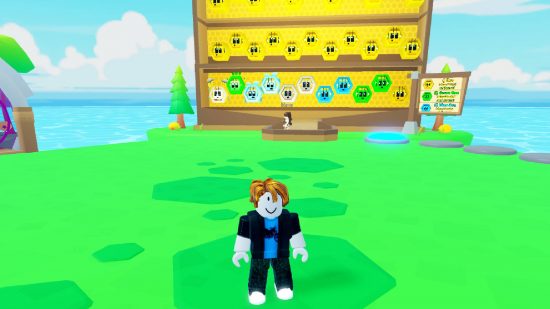 Bee Factory codes: a Roblox avatar stands in the middle of a green area, flanked by beehives