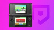 Best DS games: A black DS lite playing Pokemon HeartGold pasted on a purple PT background