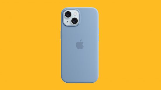 Best iPhone cases: A sky blue iPhone 15 Apple silicopne case on a white iPhone 15, pastedd on a mango background