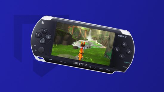 Best PSP games: Daxter on a PSP in front of a deep bluebackground