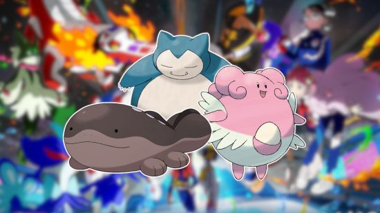 Big Pokemon: Snorlax, Blissey, and Clodsire outlined in white and pasted on a blurred Indigo Disc promotional image