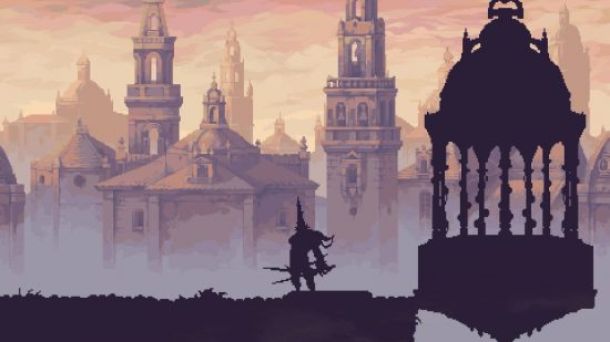 Blasphemous 2 interview: A silhouette shows the penitent one standing and looking over a city