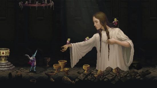 Blasphemous 2 interview: A screenshot from Blasphemous II shows The Penitent One approach a woman dressed in white, with her clothes held aloft by cherubs