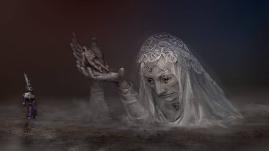 Blasphemous 2 interview: concept art for Blasphemous II shows the penitent one approach a ;arge old woman shrouded in a white veil, offering up her hands
