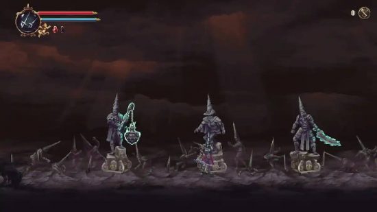 Blasphemous 2 interview: a pixelated scene shows the choice of three weapons in Blasphemous II 