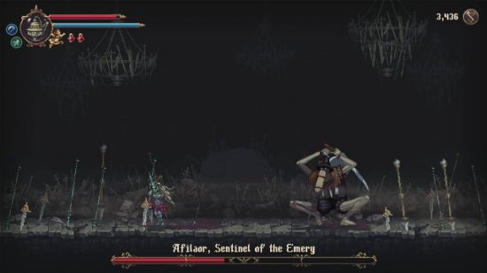 Blasphemous 2 interview: The Penitent One approaches a boss with a large long sword
