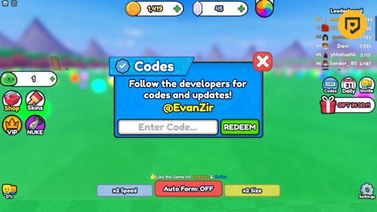 Blob Eating Simulator codes: A screenshot of the codes input screen, a blue pop-up box on the game background