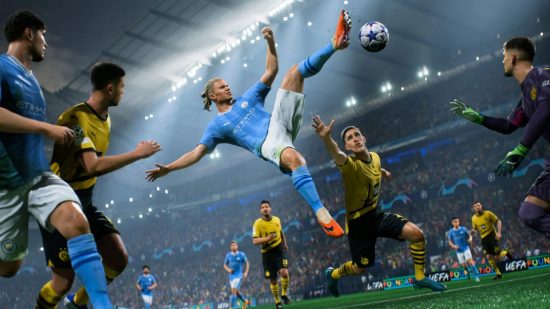 Key art of Haaland kicking the ball in the air on EA Sports FC 24 for best boy games list