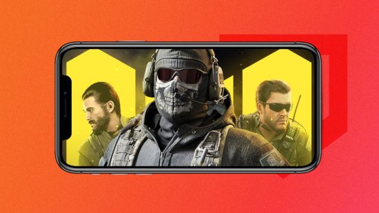 Call of Duty Mobile download: A COD Mobile graphic on an iPhone screen, pasted on a red Pocket Tactics background