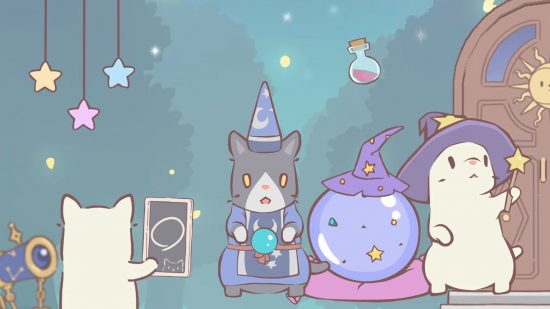 Screenshot from the Cats & Soup Halloween promo video with a cat wearing a wizard's clock surrounded by cat friends