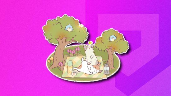 Cats & Soup 50 million downloads: Two cats having a picnic below two trees with blue birds in them. This scene is outlined in white and pasted on a purple PT background