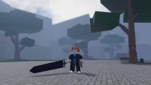 Clover Battlegrounds codes: a roblox avatar holds a large black sword in a courtyard