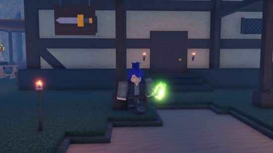 Clover Retribution codes - a Roblox character standing outside the in-game blacksmith