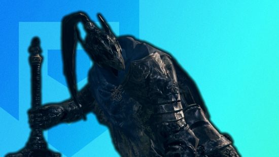 Dark Souls Artorias leaning on his sword in front of a blue background