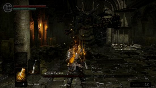 Dark Souls Bosses: The chosen undead chugging an Estus while the Asylum Demon lurks in the background