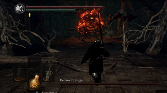 Dark souls bosses: The chosen undead charging towards the Demon Firesage