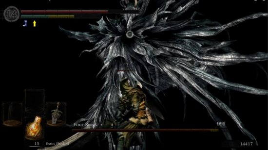 Dark Souls bosses: One of the Four Kings fighting the chosen undead in the abyss