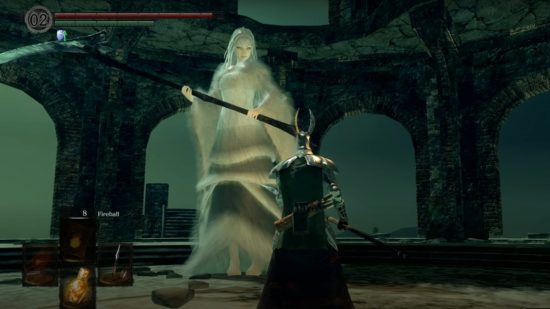 Dark Souls bosses: Priscilla looming over the chosen undead in a tower