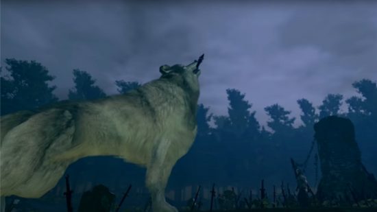 Dark Souls bosses: Sif howling at the moon with a sword in her mouth