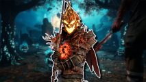 Dead by Daylight Halloween event: The Knight dressed as a flaming pumpkin monster, outlined in white and pasted on a blurred screenshot from Haunted by Daylight