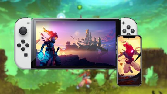 Dead Cells download: Dead Cells artwork on a phone screen and a Switch OLED pasted on a blurred game screenshot