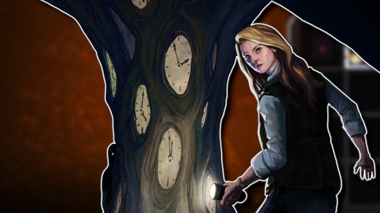 Deep Sleep Labyrinth of the Forsaken release date: Amy next to a scary tree with clocks in it, outlined in white and pasted on a blurred game screenshot
