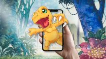 An Agumon leaping out of a mobile phone, perhaps as part of a Digimon Go app