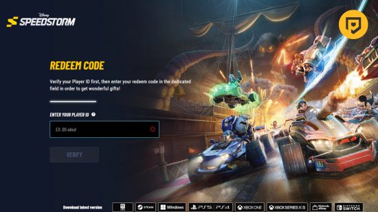 Disney Speedstorm codes: A screenshot of the code redemption website asking for a player ID, featuring the Pocket Tactics logo in the top right of the image