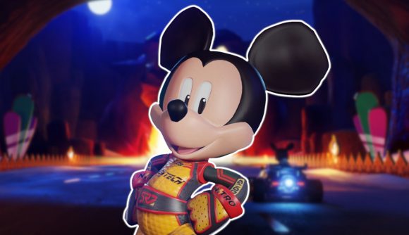 Disney Speedstorm codes: Mickey from Speedstorm posing with his hands on his hips, outlined in white and pasted on a blurred screen shot of the Cave of Wonders racetrack