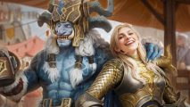 Dragonheir Silent Gods tier list: A blue troll and a blonde paladin knight drinking and smiling together