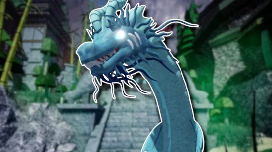 Dungeon Quest Yokai Peak: The blue dragon, Tatsu Lord of Tides, outlined in white and pasted on a blurred Yokai Peak screenshot
