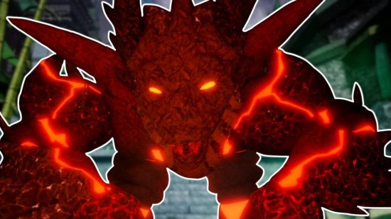 Dungeon Quest Yokai Peak: Sarugami the magma monster outlined in white and pasted on a blurred Yokai Peak screenshot