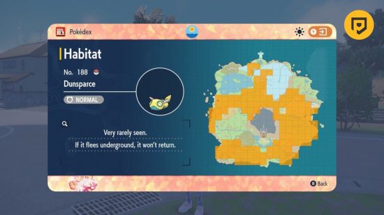 Dunsparce evolution: A screenshot of the Dunsparce location map in Pokemon Violet with a fire tera type background on the edges. This shows that Dunsparce can be found in many areas across Paldea, but also states that it is 'rarely seen'. In the top right corner there is a mango circle with a grey PT logo in it