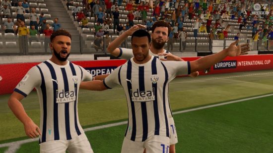 Screenshot of WBA players celebrating a goal for EA Sports FC 24 Switch review